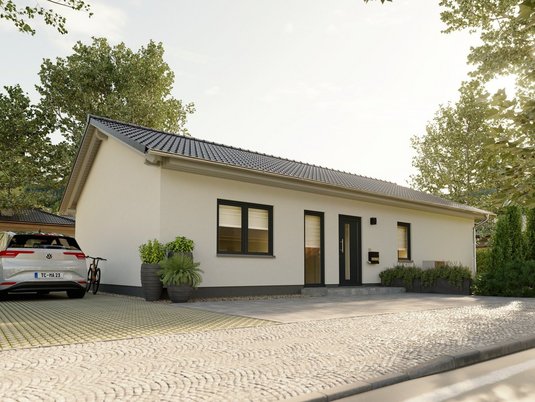 Ein moderner Bungalow, wie er im Baugebiet Schönwalde am Bungsberg entstehen kann, perfekt für barrierefreies Wohnen in Ostholstein.