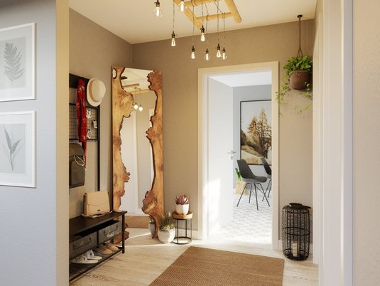 Ein moderner Eingangsbereich im Aura 136 mit großzügigem Schnitt zeigt, wie ein freundlicher Empfangsbereich im zukünftigen Eigenheim gestaltet werden kann.