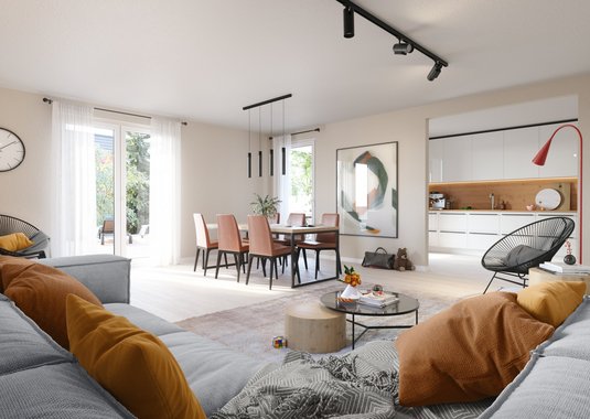 Helles Wohnzimmer in einem geplanten Massivhaus, das im Baugebiet Schönwalde am Bungsberg entstehen kann, ideal für Familien mit Wohlfühlambiente.