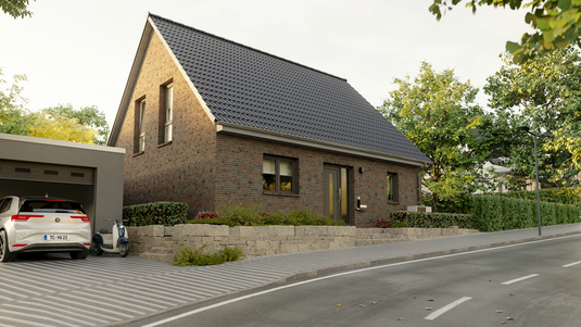 Nordic 143 mit Klinkerfassade im Baugebiet Harksheide Straßenansicht des Einfamilienhauses Nordic 143 mit Klinkerfassade und Garage im Neubaugebiet Harksheide in Norderstedt.