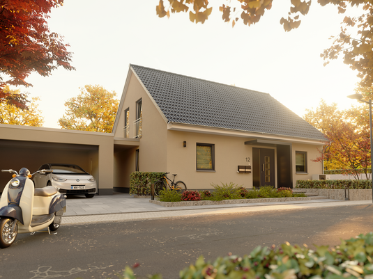 Das Flair 148 Das Flair 148 mit Blick von der Straße auf das Einfamilienhaus mit Satteldach und Garage