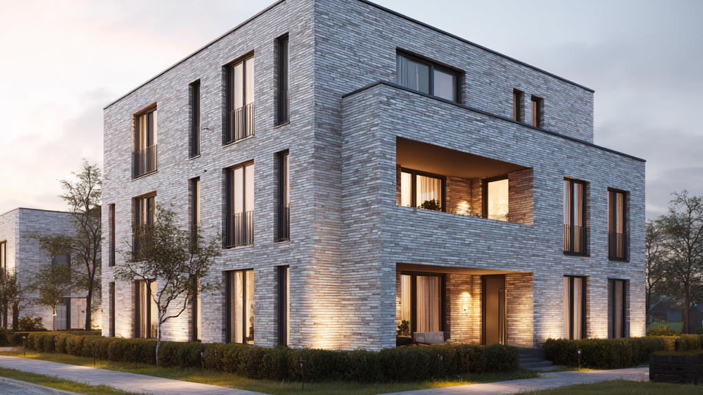 Dreigeschossiges Wohngebäude mit heller Klinkerfassade, Flachdach und zurückgesetzten Balkonen in der Abenddämmerung.