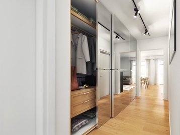 Moderner Flur mit maßgefertigter Garderobe Heller Flur mit offener Garderobe, Einbauschränken und Holzboden