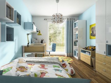 Modernes Kinderzimmer mit viel Stauraum Helles Kinderzimmer mit Bett und maßgefertigten Einbauschränken