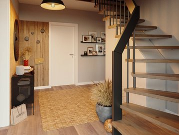 Moderner Flur mit offener Holztreppe Moderner Eingangsbereich mit offener Holztreppe und Garderobe