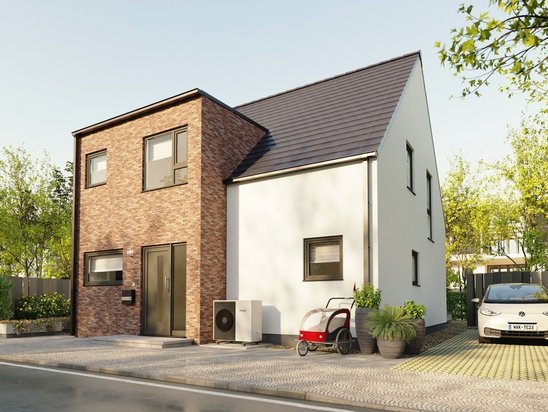 Einfamilienhaus Flair 134 aus rotem Klinker mit elegantem Walmdach und Vorgarten