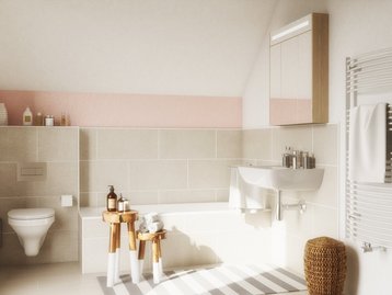 Helles Badezimmer mit Badewanne und Dusche Helles Badezimmer mit Badewanne, Dusche und beigefarbenen Fliesen