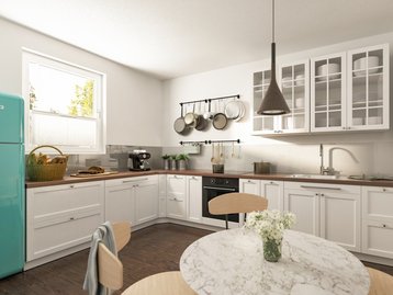 Helle Küche mit Essplatz und Retro-Kühlschrank Helle Küche mit weißen Schränken, rundem Esstisch und türkisfarbenem Kühlschrank