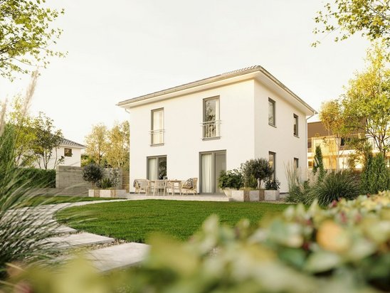 Stadthaus Flair 124 mit heller Putzfassade, Glasfronten und gemütlicher Terrasse