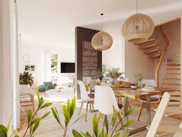 Moderner Wohn- und Essbereich mit Holztreppe Heller Wohn- und Essbereich mit Holztreppe und vielen Pflanzen