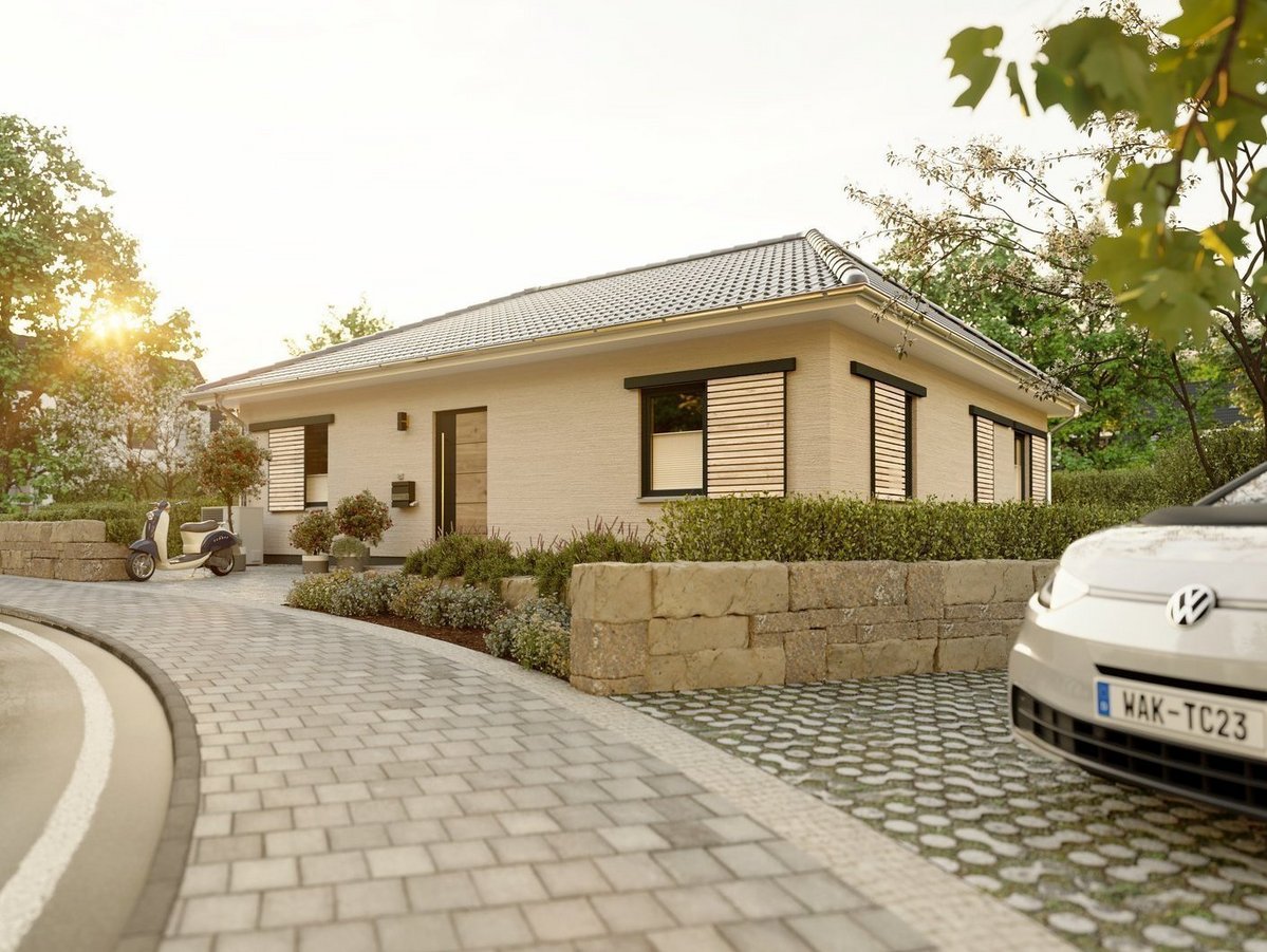 Moderner Bungalow als Beispiel für entspanntes Wohnen in Rümpel Moderner Bungalow mit klarer Architektur als Inspiration für ein ruhiges und naturverbundenes Zuhause im Baugebiet in Rümpel