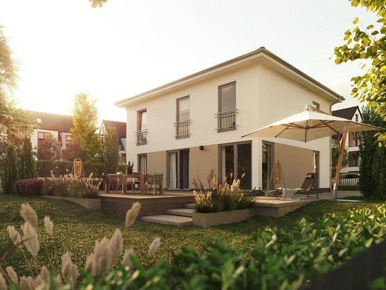 Stadtvilla Flair 152 mit Zeltdach, großen Fenstern und stilvollem Gartenbereich