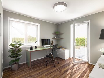 Helles Arbeitszimmer mit Zugang zur Terrasse Helles Arbeitszimmer mit Schreibtisch, Bürostuhl und Terrassentür