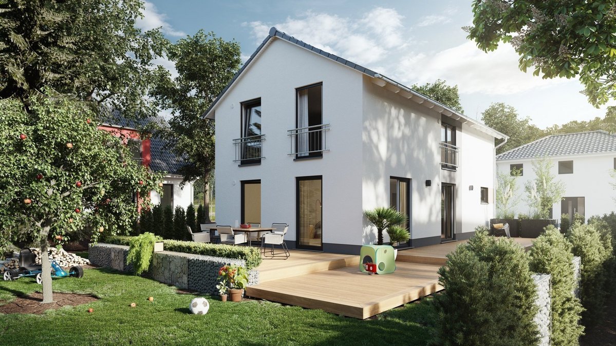 Modernes Einfamilienhaus mit weißer Fassade, Terrasse und Garten