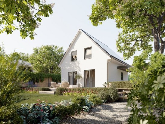 Ein kompaktes Massivhaus Raumwunder 90, das im Baugebiet Schönwalde am Bungsberg entstehen kann, ideal für junge Familien.